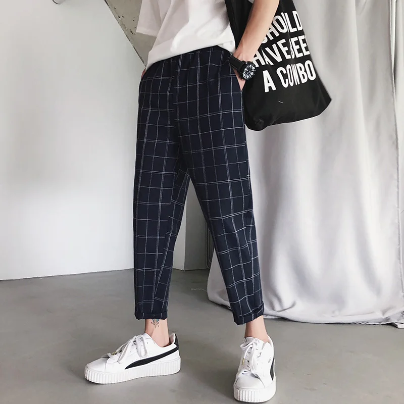 Мужские летние брюки до щиколотки повседневные клетчатые брюки-карандаш в