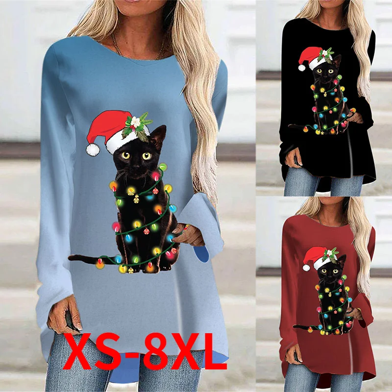 

Autumn Cat Christmas Print Women's Tops Long-sleeved Pure Cotton Fashion T-shirt Loose Casual Plus Size Pullover Bottoming Shir