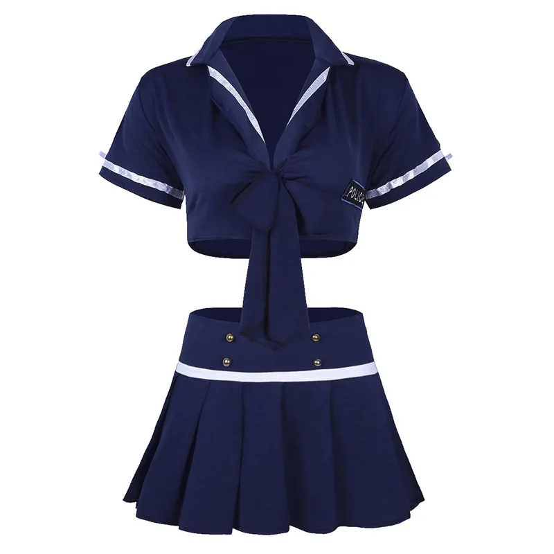 Navy Blue 2 шт., женская униформа для полицейских-женщин, короткий рукав, укороченный топ+ плиссированная мини-юбка, комплект нижнего белья, униформа для Черлидинга - Цвет: Navy Blue