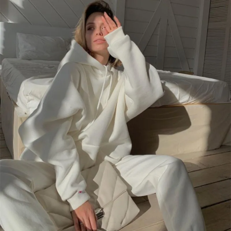 

Костюм спортивный женский из двух предметов, однотонный свитшот с большими карманами и капюшоном, Длинный топ и штаны, Свободный Повседневн...