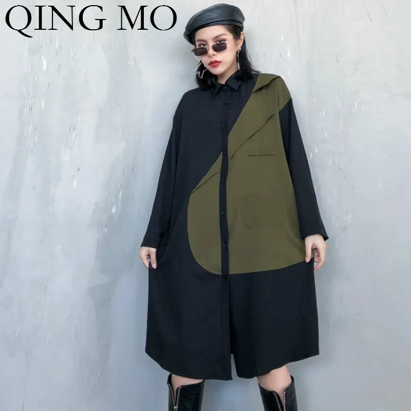 QING MO черная зеленая Женская Весенняя блузка 2020 Лоскутная цветная женская