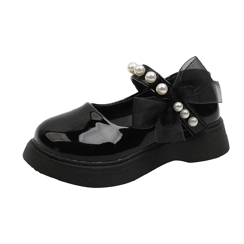 ULKNN loveliness Children's Leather Shoes Rubber Kid's Soft Leather shoes girl's Flat with School Shoes Beading Bow shoe black
