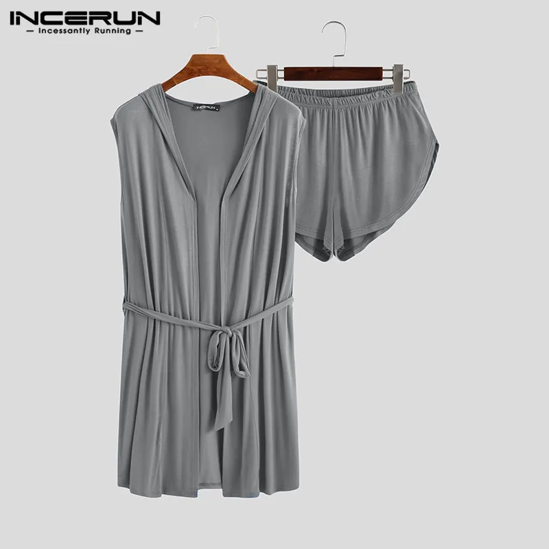 

Summer Men Robe Sets Loungewear Solid Hooded Sleeveless Sexy Homewear Bathrobe Shorts Men's Sleep Robes Sets With Belt INCERUN