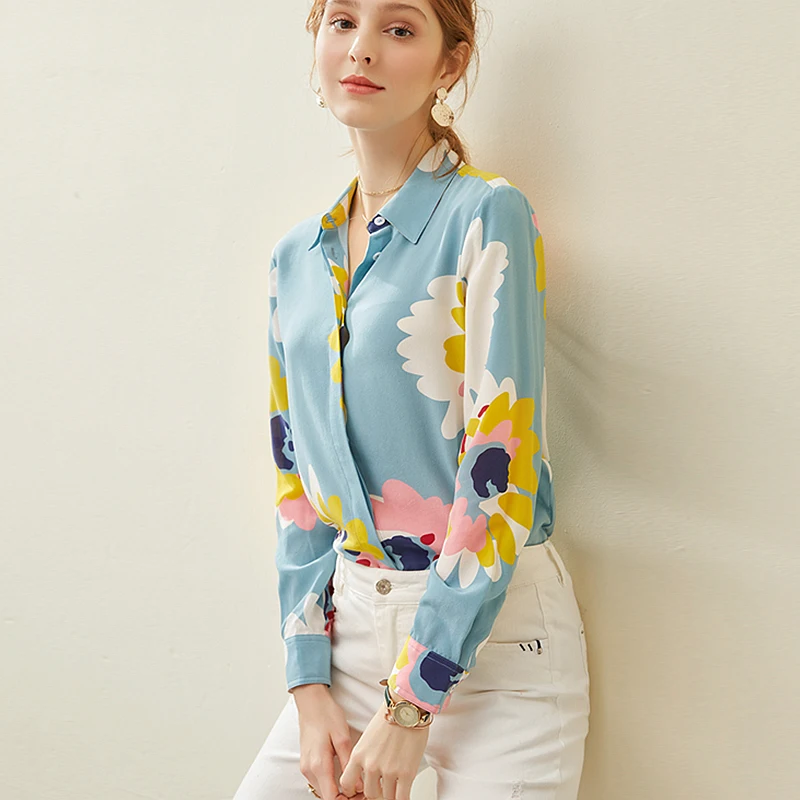 

Женская рубашка с отложным воротником и длинными рукавами, Элегантная блузка из 100% тяжелого шелка, с цветочным принтом
