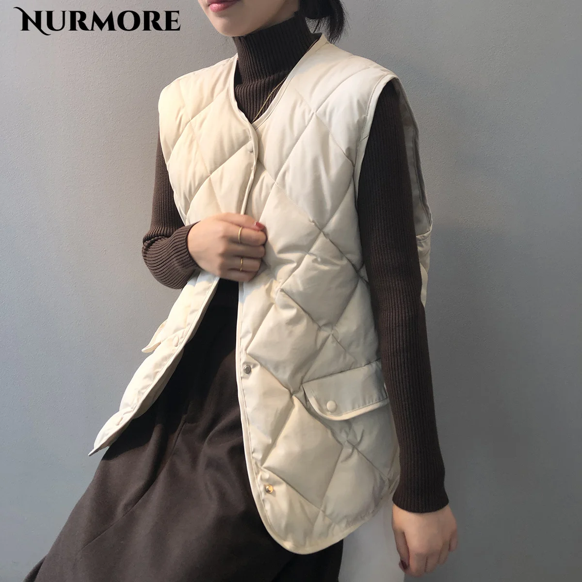 

Жилет Nurmore женский из хлопка, новинка осень-зима 2021, Корейская свободная хлопковая куртка, жилет, ромбовидная хлопковая куртка