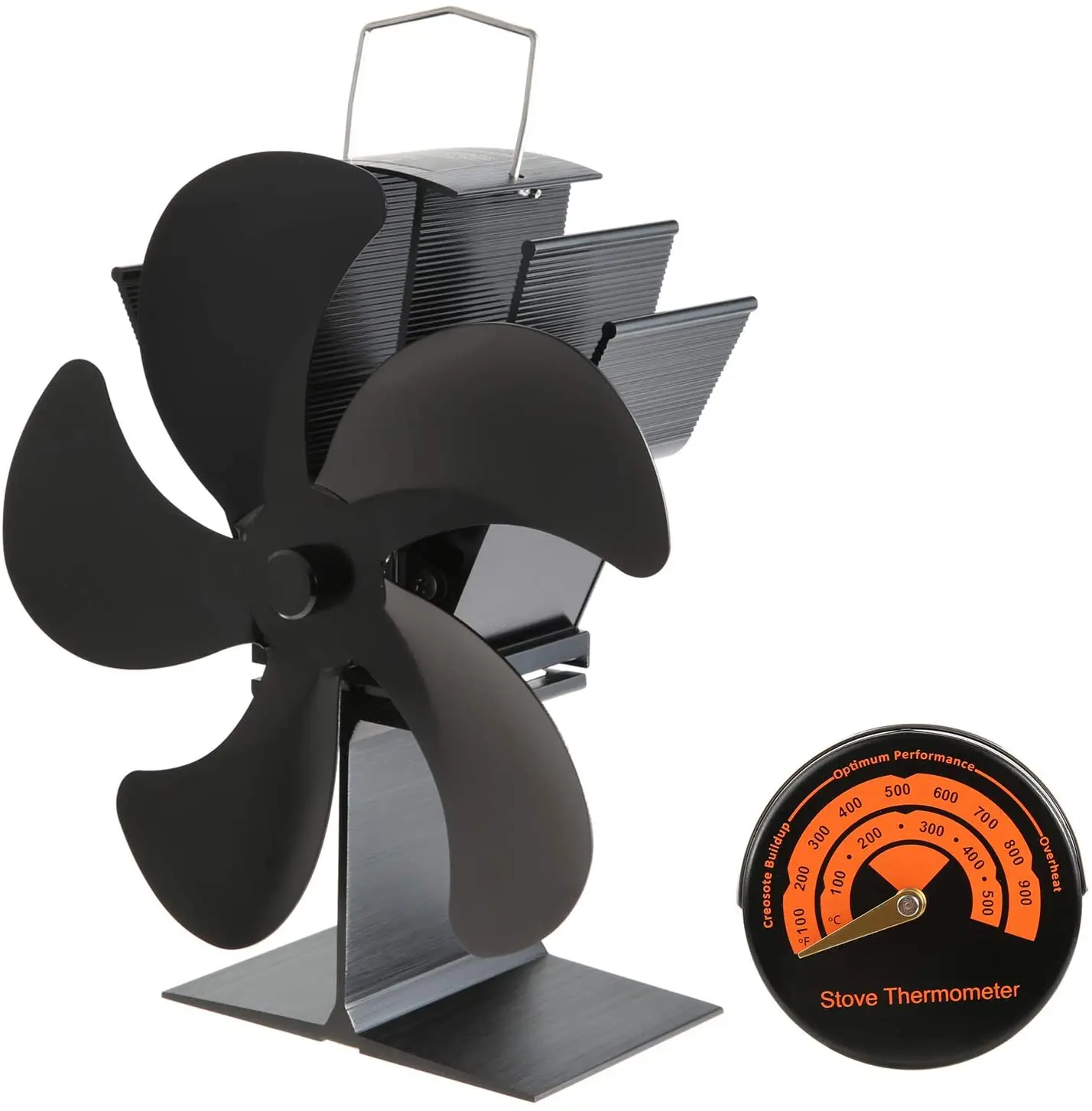 

5-Blades Silent Motors Heat Powered Fireplace Stove Fan Circulates Warm/Heated Air with Thermometer for Gas/Pellet/Wood/Log