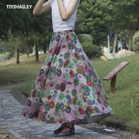 tiyihailey free shipping 2021 new fashion long maxi a line elastic waist women cotton linen print flower spring big hem skirts