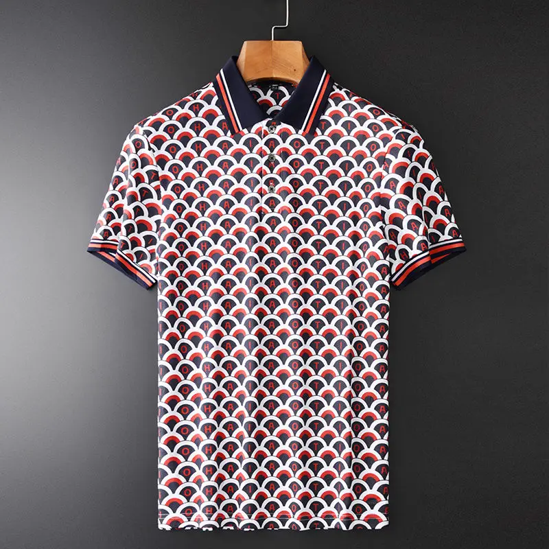 

Summer new men's Polo Shirt Short Sleeve T-Shirt fashion Tencel bead fabric Lapel casual printed jacket for men