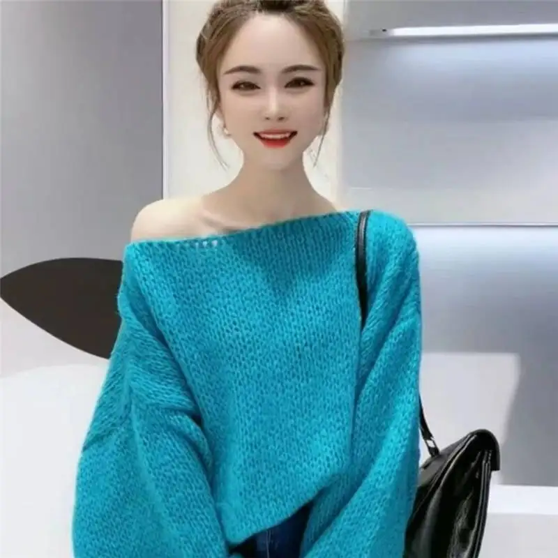 

Женский винтажный пуловер свободного покроя, с воротником «одно слово»