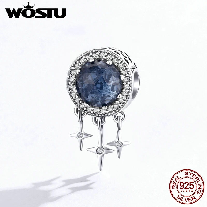WOSTU голубой драгоценный камень очаровательные бусины со звездами Стерлинговое