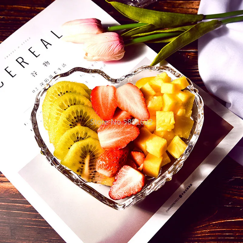 Transparent Heart Shape Rose Glass Fruit Dish Tray Floral Engraving Nuts Salad Bowl Snack Dishes Plate Tableware for Lovers | Дом и сад