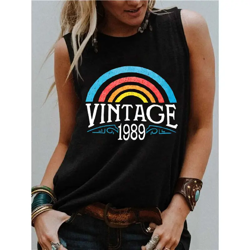 

Women Vintage 1989 Rainbow Trendy Sleeveless Cotton Summer Camisole Shirt Ladies Hipster Slogan Floral Top Vest Tee Tank Top