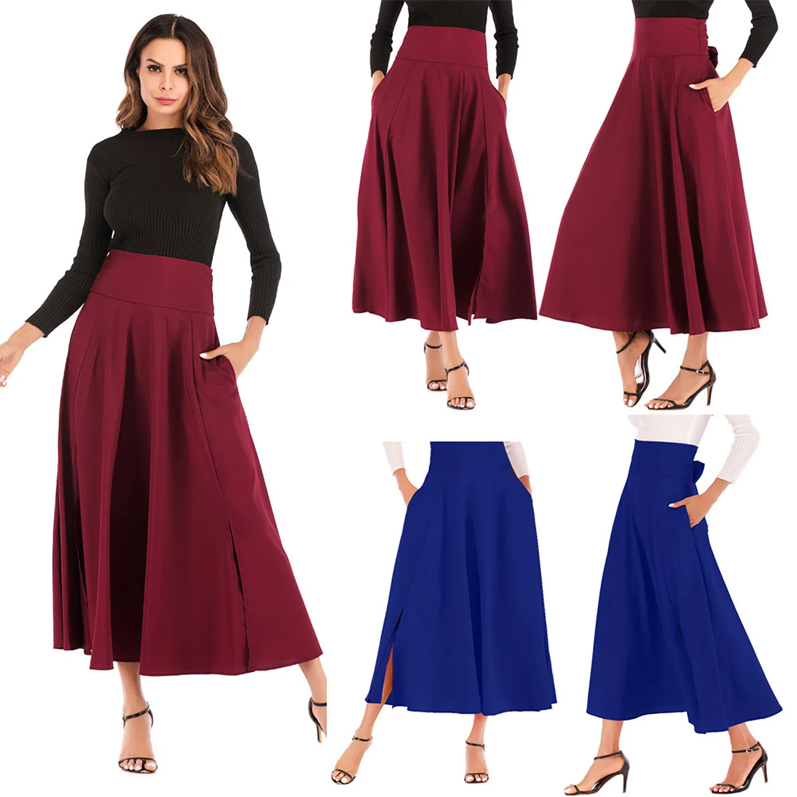 

Girls Dresses Hot Sale High Quality Women High Waist Pleated A Line Long Skirt Front Slit Belted Maxi Skirt For Dropshipping