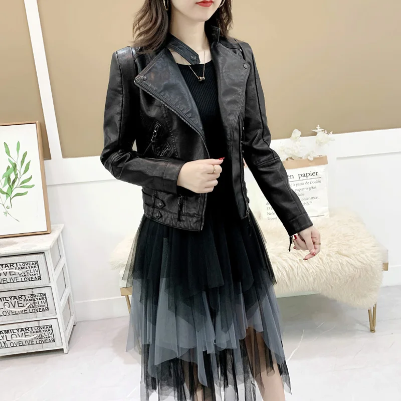 

Women Black PU Leather Biker Coat Spring Autumn New Vintage Zipper Slim Jackets Fashion Office Lady Short Full Sleeve Outerwear