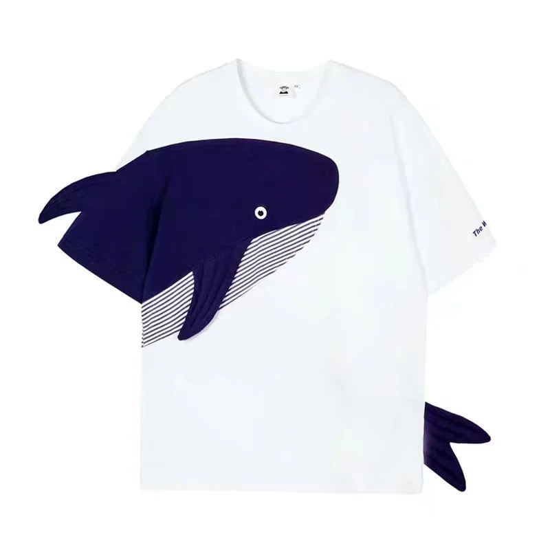 

100%Cotton Three-dimensional Blue Whale Men's Short Sleeve T-shirt Stitching Student Casual Loose Trend Couple Women Clothes Hot