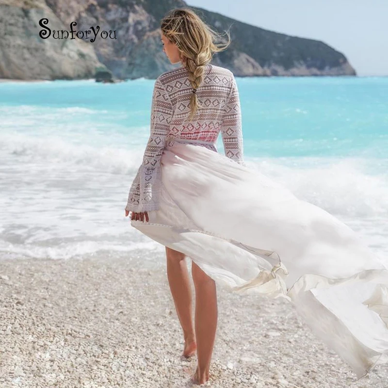 Белое платье в стиле бохо 2021 купальный костюм хлопковая кружевная накидка