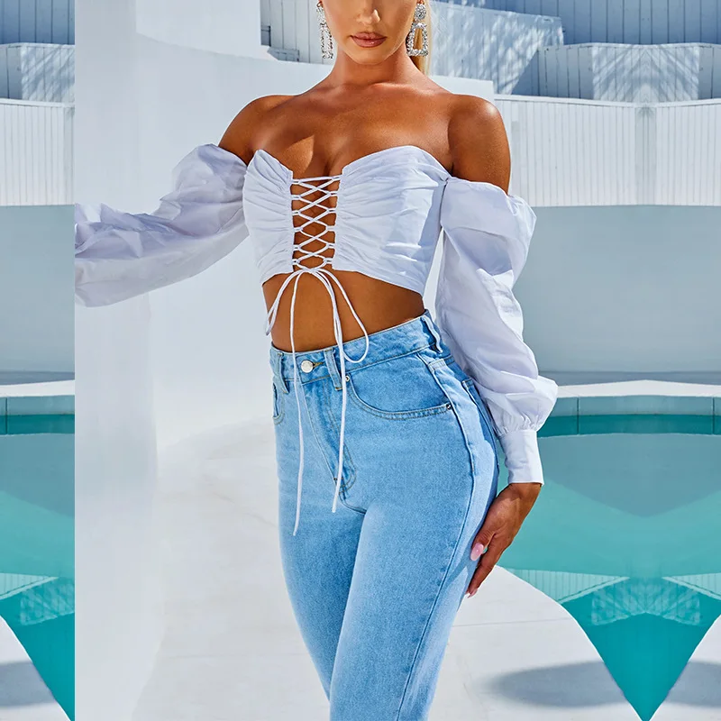 Сексуальное платье с открытыми плечами топ-труба для женщин пышными рукавами