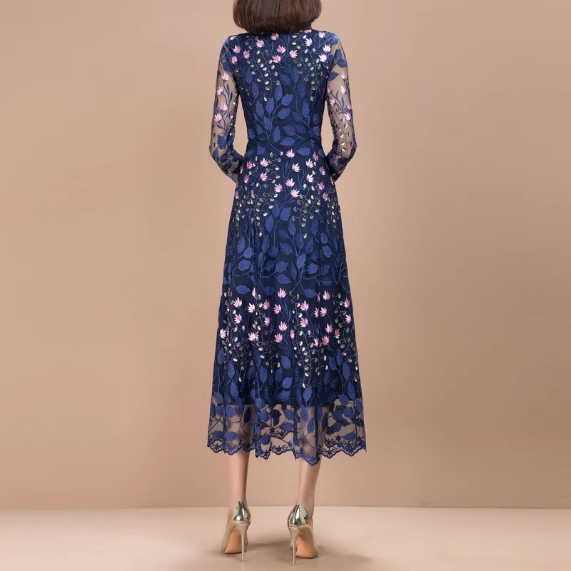 

Spring High 2021 Quality New Luxury Long Floral Embroidery Lace Dress for Women