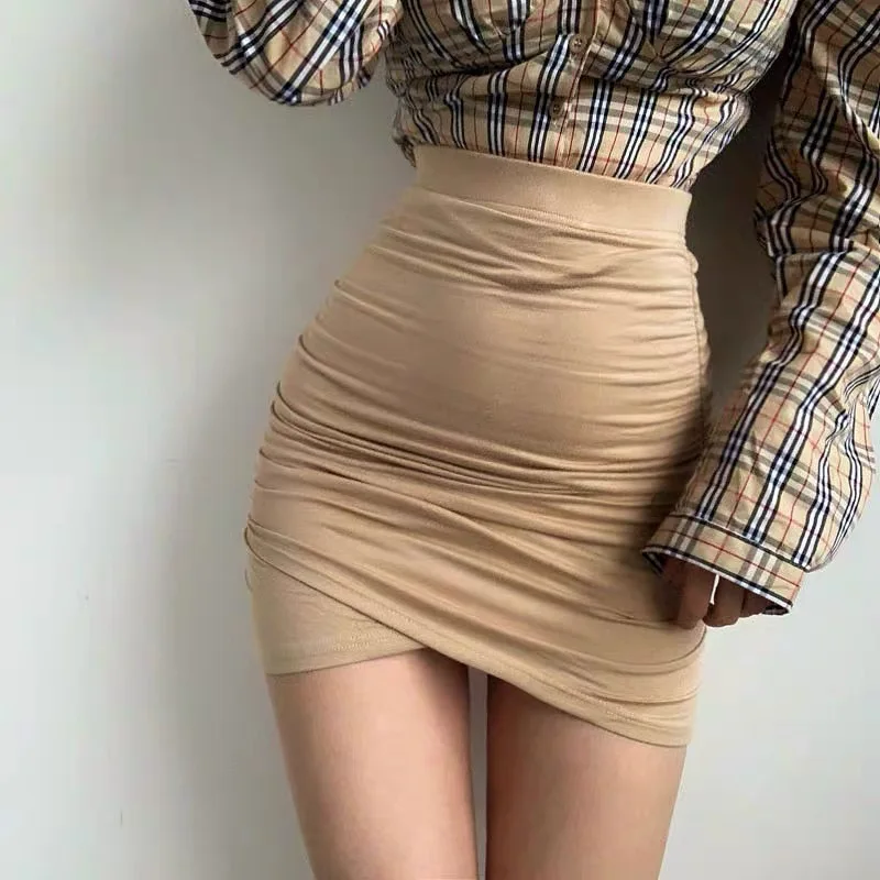 

XIABNI High waist pleated bandage short skirt female sexy street party tight elastic Mini wrap hip irregular apricot
