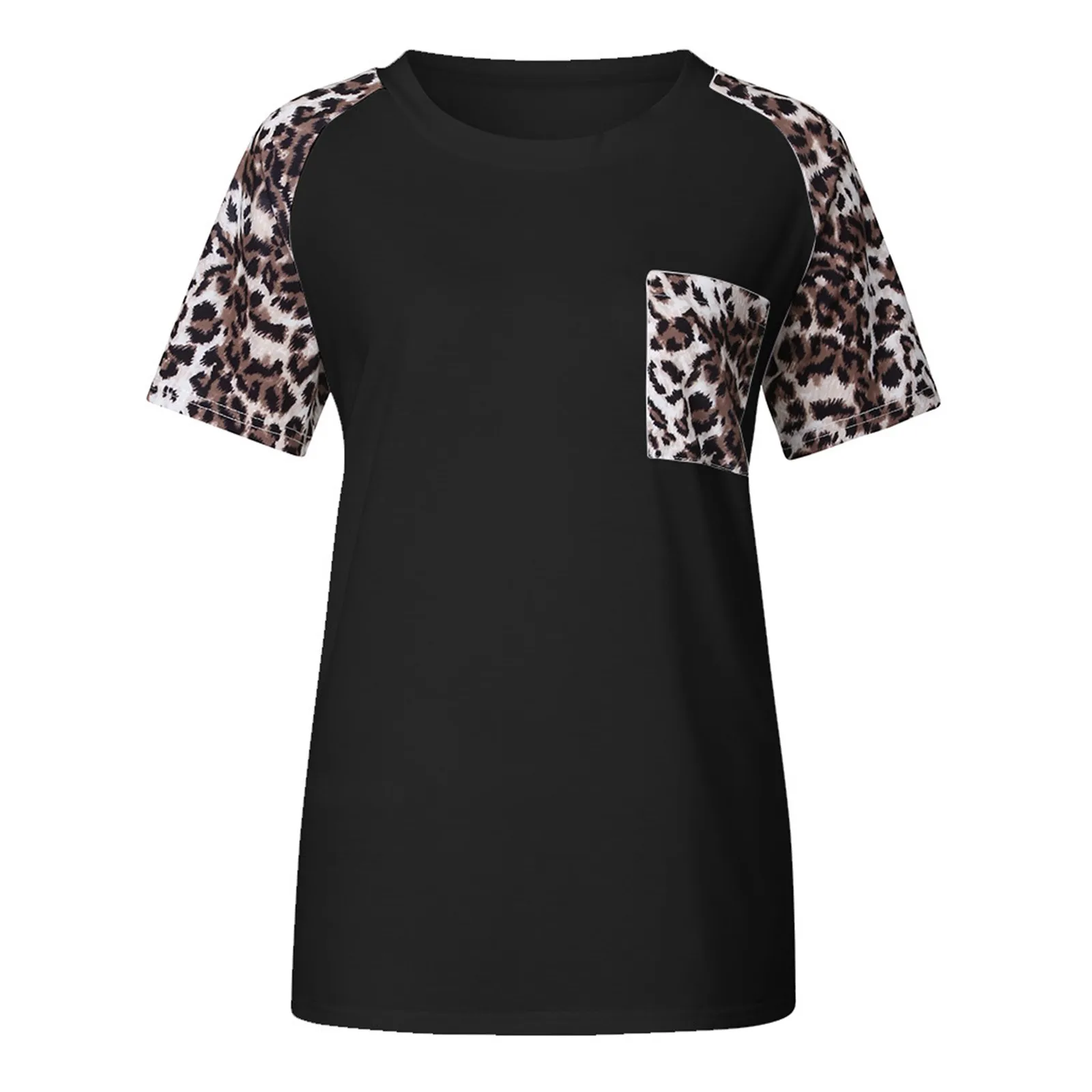 

Summer Women Tops Fashion O-Neck Splicing Leopard Short Sleeve T Shirt With Pocket Ladeis Pullover Tops Blouse Tshirt#35