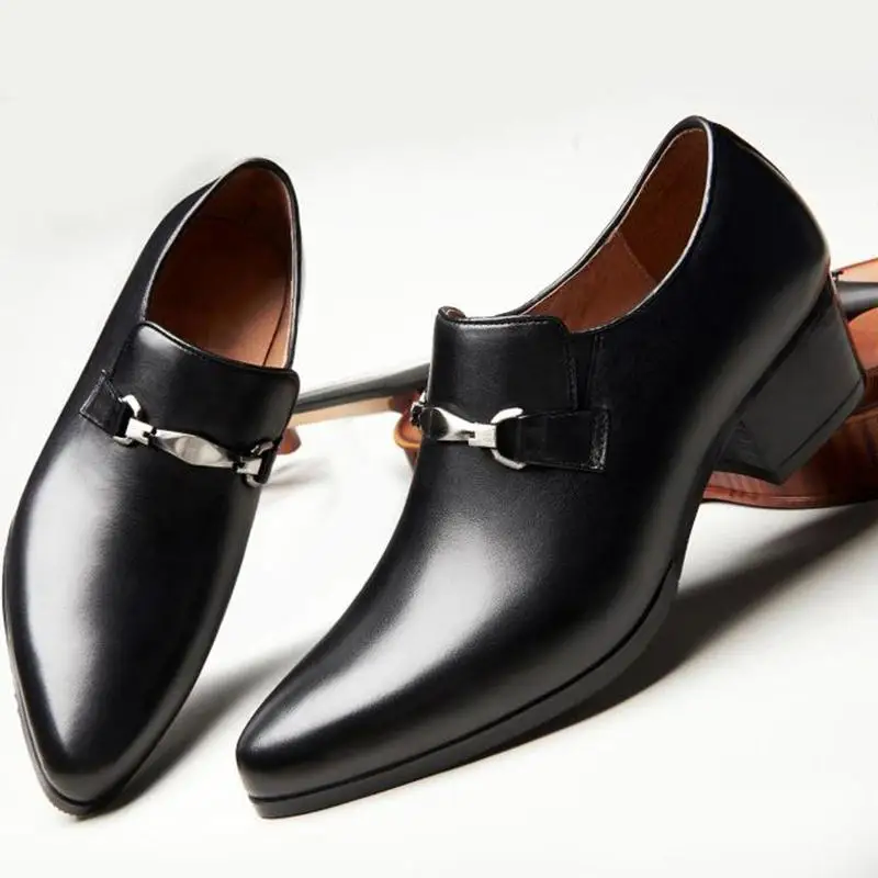 

Height Increase Genuine Leather Casual Business Work Dress Men Shoes High Heel Pointed Toe Slip On Luxury Buckle Mens Male Shoes