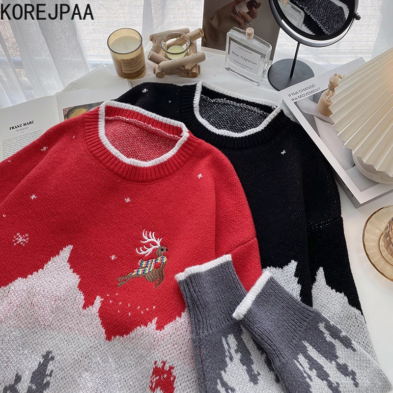 

Korejpaa Cartoon Embroidery Sweaters Women Korean Ins Style Autumn Winter Ladies O-neck Casual Long Sleeve Knitted Pull Femme