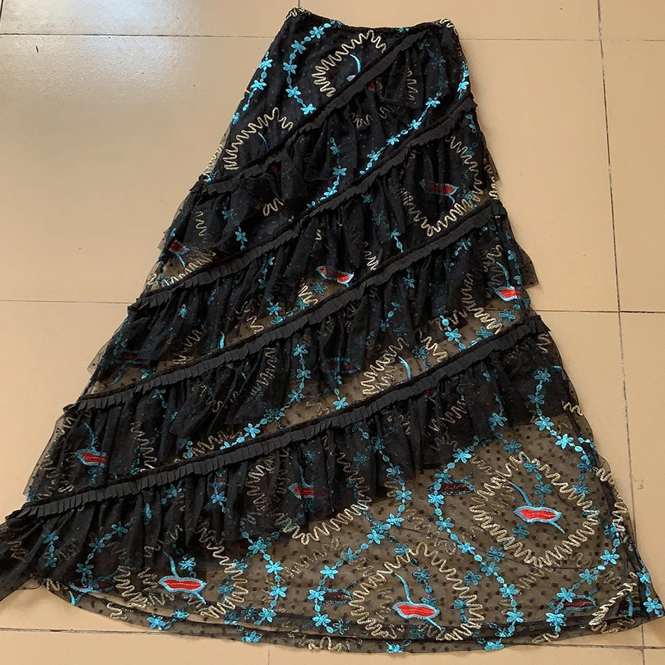 Женская длинная юбка Ailigou черная сетчатая с цветочной вышивкой лето 2021 | одежда