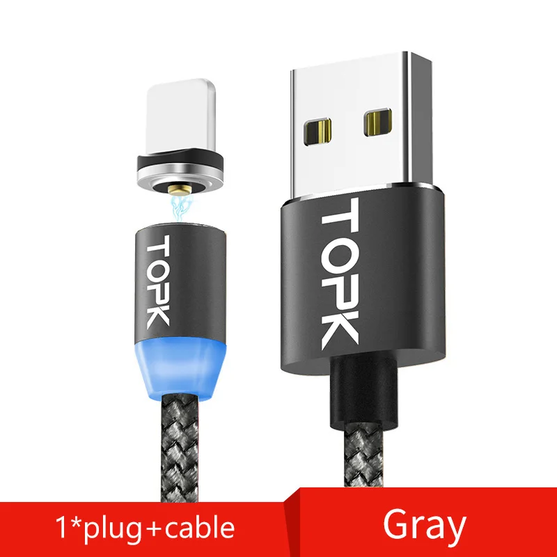 1 Plug 1 Cable Gray TOPK 1 м светодиодный магнитный кабель для iPhone Xs Max Xr 8 7 6 магнитная зарядка usb type C кабель и Micro USB кабель для samsung Xiaomi huawei USB C - Цвет: 1 Plug 1 Cable Gray