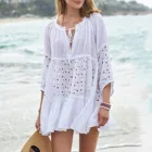 Кружевная Пляжная накидка на бикини, сетчатая вышивка, с длинными рукавами, богемный пляжный халат, праздничное пляжное платье, парео для купальников