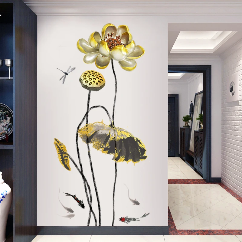 

Chinese Style Lotus Flower Wallpaper Living Room Decals Sofa TV Background Decoration Wall Stickers Self-adhesive