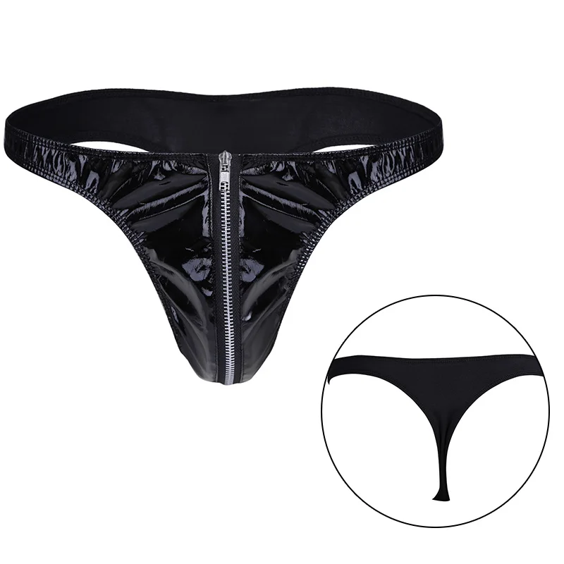 Men Sexy Latex Briefs Gay Underwear Zipper Underpants Faux Leather Bikini Erotic Lingerie G-String and Thongs Sissy Panties |