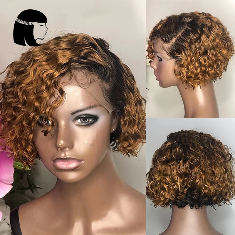 

Short Curly 13X6X1 Lace Front Human Hair Wigs 1B27 Color Honey Blonde Remy 4*4 Lace Closure Wig For Women Chang Jin