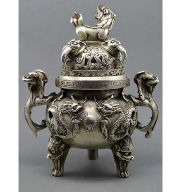 

Chinese Buddhism Manual Old Silver Copper Dragon Lion Incense Burner