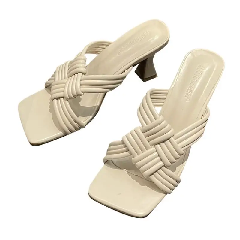 

Thin Heels Square Toe Shoes Woman 2021 Heeled Mules Female Slippers Rubber Flip Flops High New Hawaiian Basic Fabric Rome Slides