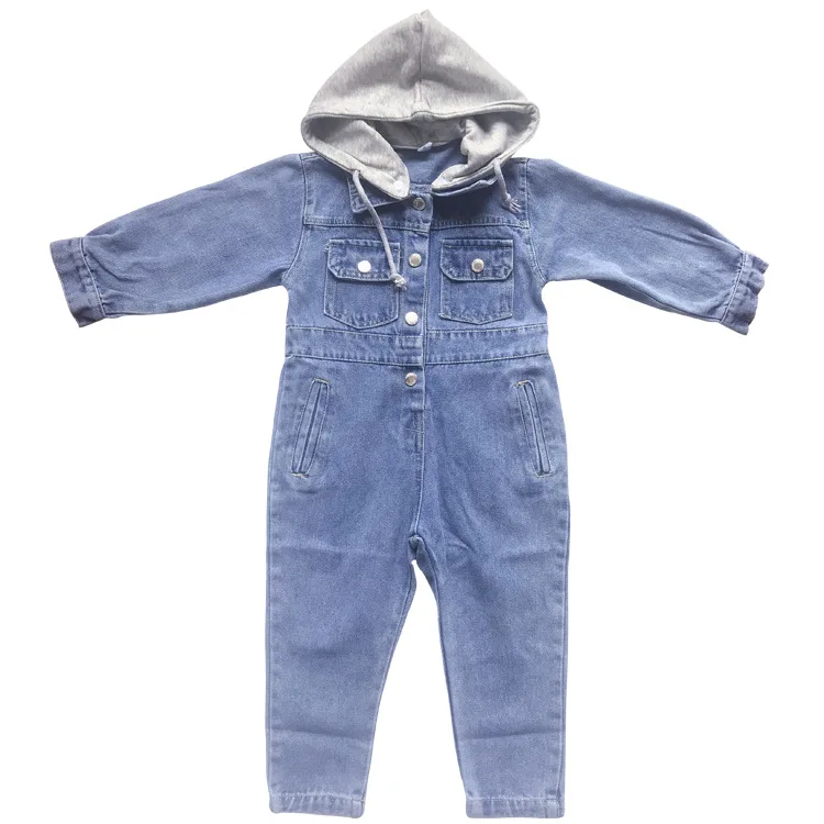 Джинсовый комбинезон с длинным рукавом на молнии капюшоном для мальчиков и