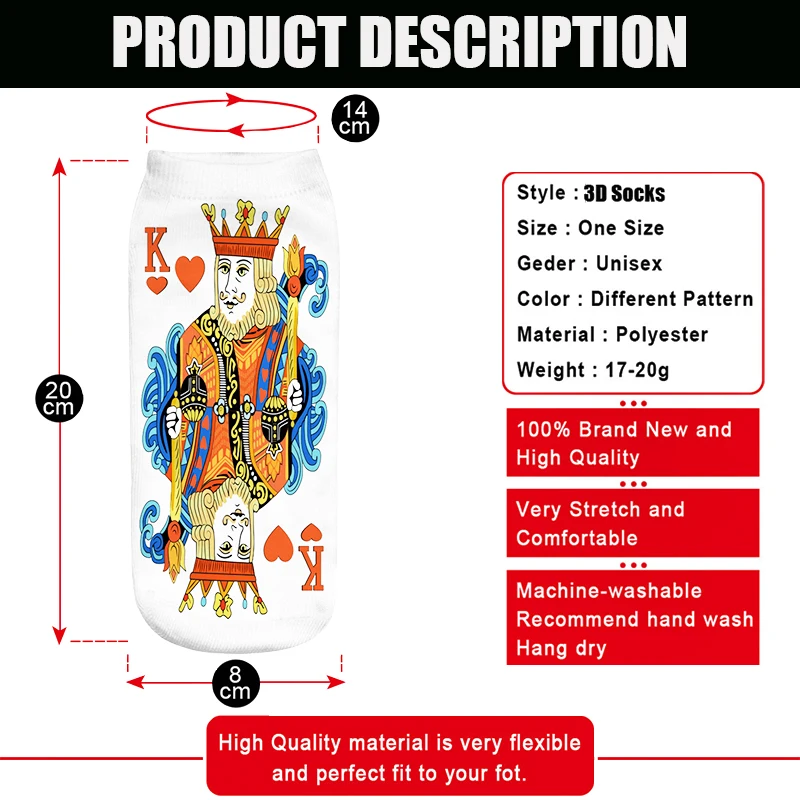 

Personality 3D Printed Short Socks Women Printing Poker playing cards Cotton Socks Harajuku Summer Ankle Socks Female