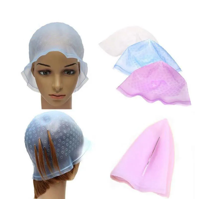 

1PC Silicone Reusable Hair Colouring Highlighting Dye Cap Frosting Tipping with Needle Transparent Hair Dyeing Styling Cap Tools