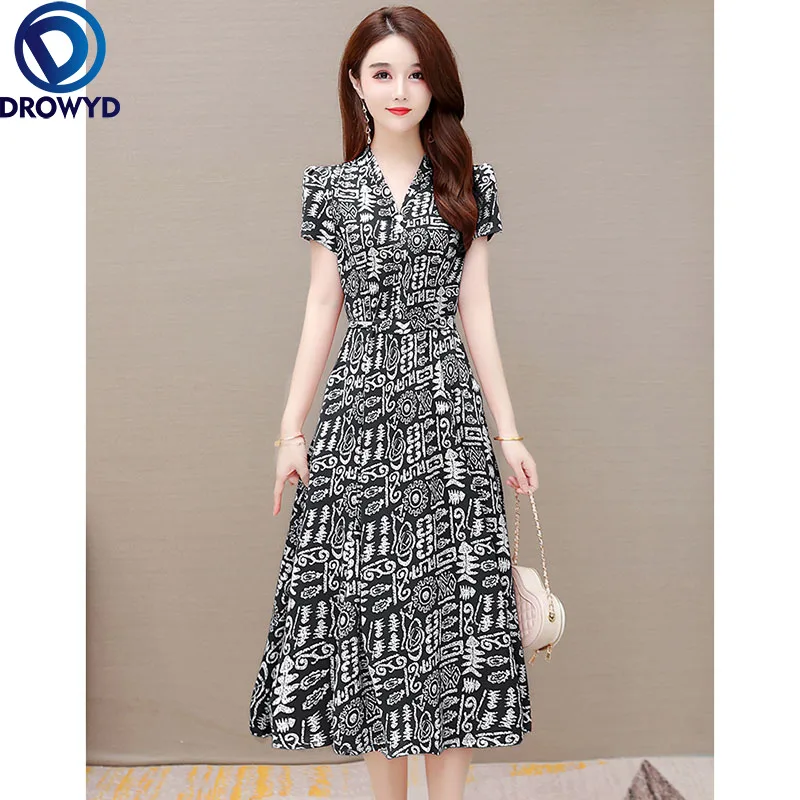 

Fashion Elegant Women Dresses Summer Ladies V-Neck Short Sleeved Loose Floral Printed Dress Female Vintage Party Robe Vestidos
