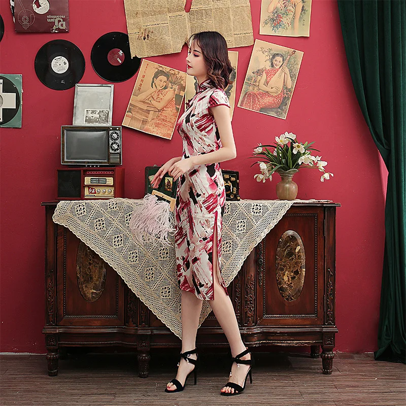 Женское шелковое Платье Ципао средней длины красное вечернее в китайском стиле