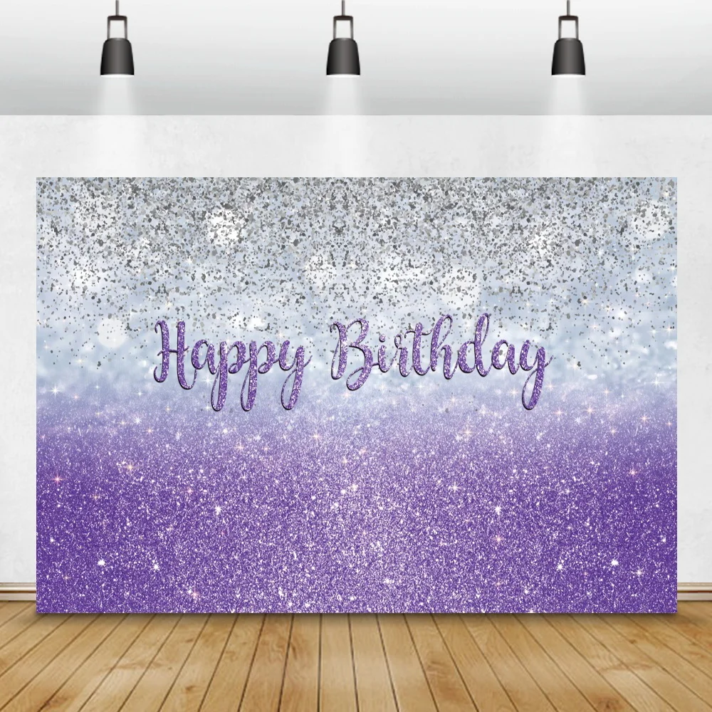 

Shiny Glitters Happy Birthday Background Purple Gradient Color Poster Family Party Decor Portrait Customize Photography Backdrop