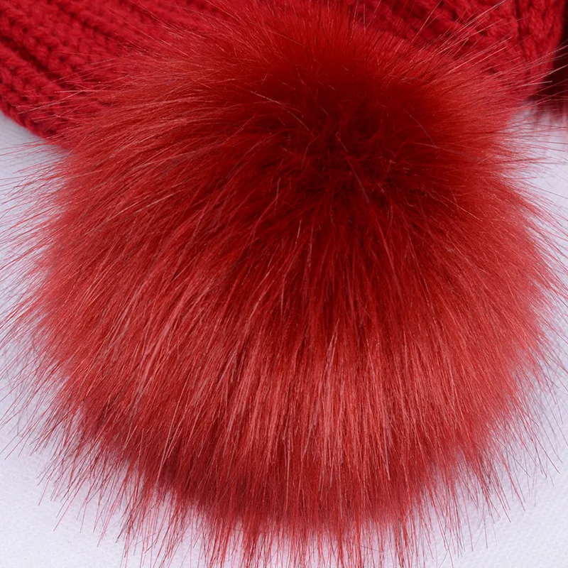 

2pcs fur pom pom parent kids cap winter keep warm hat knitting beanies cap soft hat solid colors nice looking hat