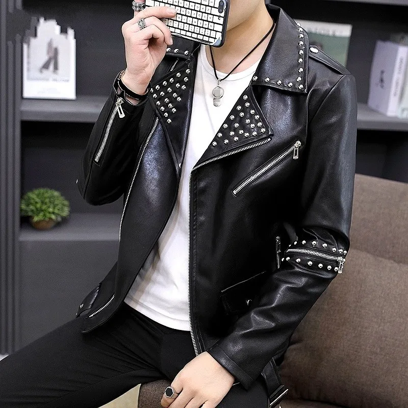 

Personality Men Rivet Leather Jacket Fashion Punk Zipper Motorcycle Coat Teenager Nightclub Casual Pu Leather Lapel Slim Jacket