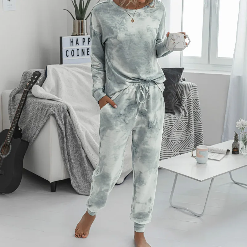 

2 Piece Outfits for Women 2020 Tracksuit Tie Dye Print Long Sleeve T-shirt Long Pants Sets Casual Dyeing Conjunto Feminino G1682