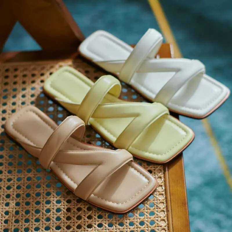 

Women Flat Shoes Genuine Leather Summer Newest Women slippers 2021 Fashion Punk Basic Casual Female Slippers