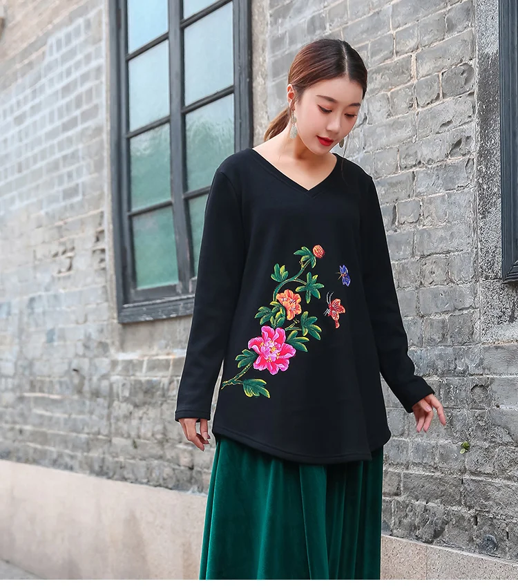 Удобная хлопковая футболка в китайском стиле с ручной росписью свободный крой V