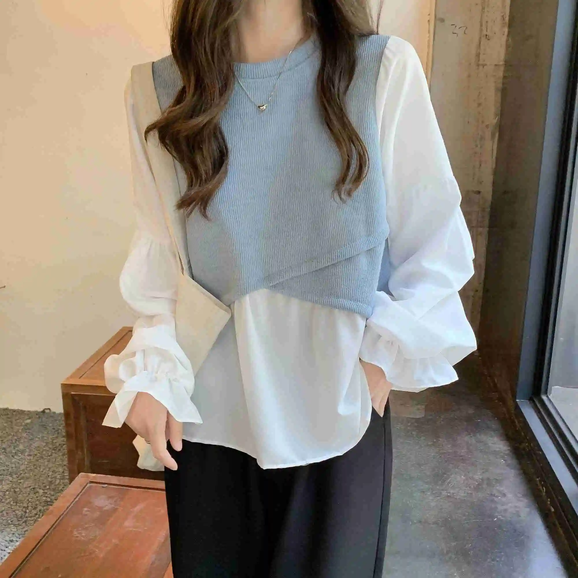 

Irregular Fake Two Piece Splicing Shirt Women's Early Autumn Dress 2021 Design Sense Temperament Long Sleeve Top Rac
