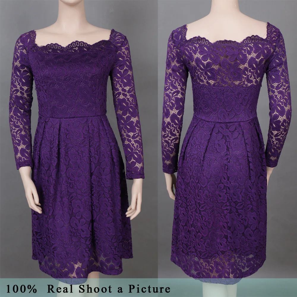 

2020 Women Lace Party Dress Solid Off Shoulder Short Long Sleeve Knee Length Princess Elegant Summer Dress Vestido De Festa