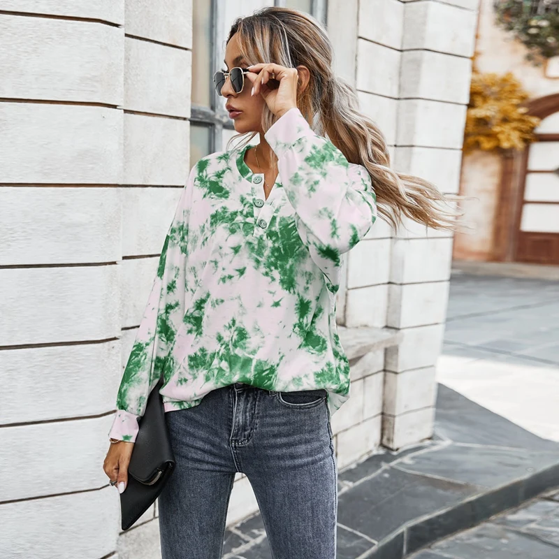 

Tie-Dye T Shirts Lantern Long Sleeve Button O-Neck Pullover Loose Casual Clothing Women's Stylish Tops