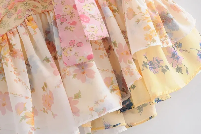

2021 Summer Women Fashion Romantic Holiday Style V-neck Color Block Puff Sleeves Belt Folds Pleated Print Flounced Edge Dresses