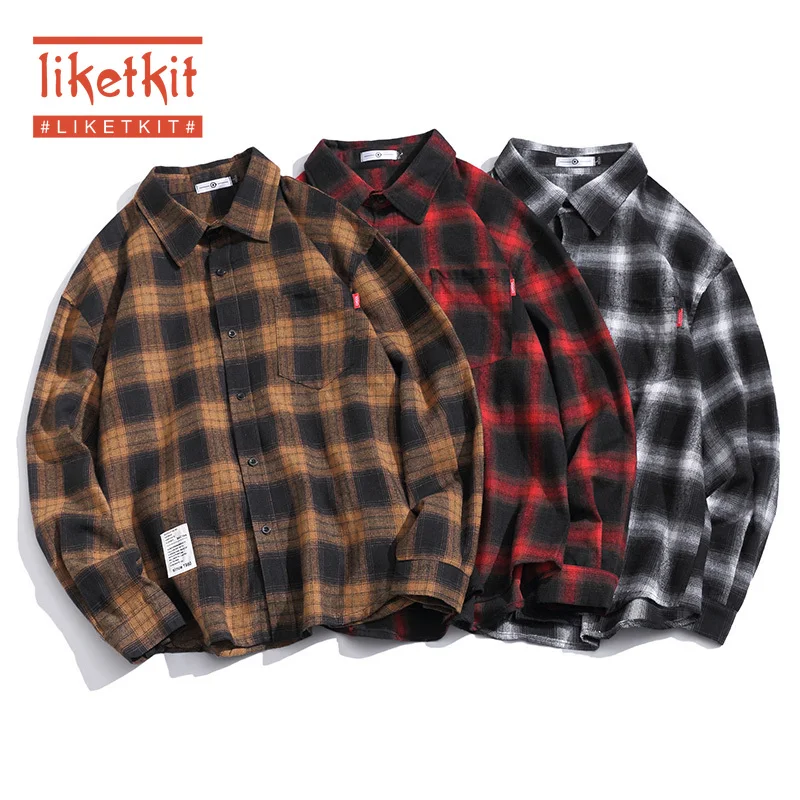Liketkit мужские Новые повседневные рубашки 2019 клетчатые с длинным рукавом Harajuku